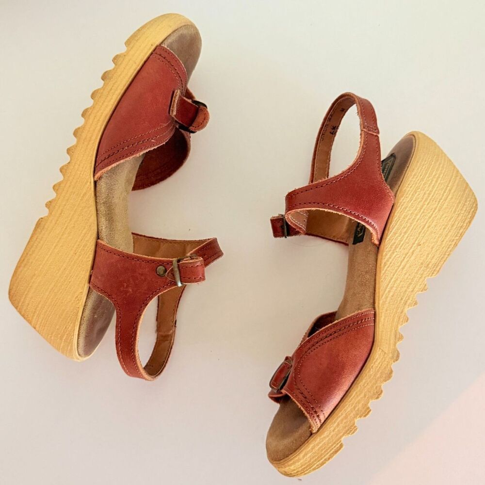 Morgan Quinn VTG 70s Platform Brown Leather Wedge Sandals 8.5 Ankle Strap Buckle - Picture 3 of 9